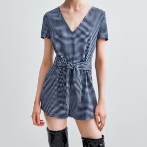 Zara Knit Romper Gingham Black White‎ Check Attached Tie Waist Size Small